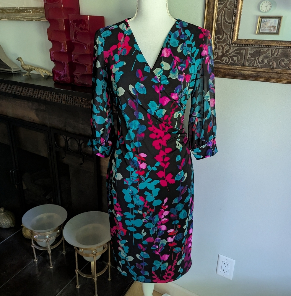 Joseph Ribkoff 6 Floral Faux Wrap Dress Chiffon Sheer SLV Black Turquoise 167